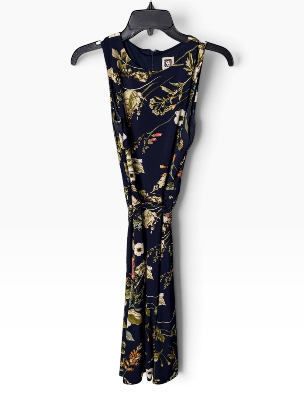 ANNE KLEIN Navy Blue Size 4 Floral Midi Dress Sleeveless Tie Waist